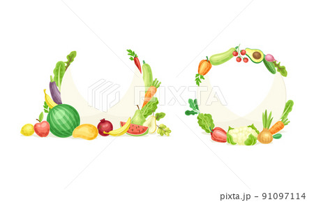 Fresh vegetables frames set. Templates with organic healthy food and copy space vector illustration 91097114