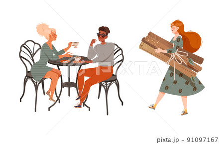 People drinking coffee at cafe or coffeeshop set vector illustration 91097167