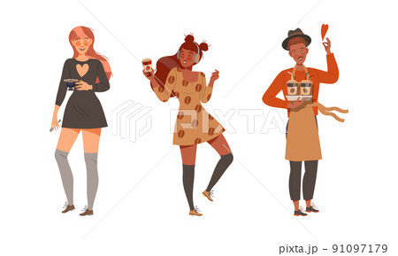 People making and drinking coffee set. Barista preparing drinks at cafe or coffeeshop vector illustration 91097179