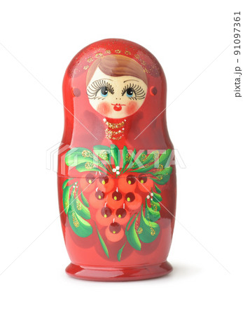 Front view of red wooden matryoshka doll 91097361