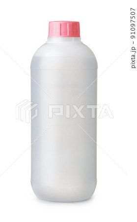 Front view of chemical liquid in translucent plastic bottle 91097507