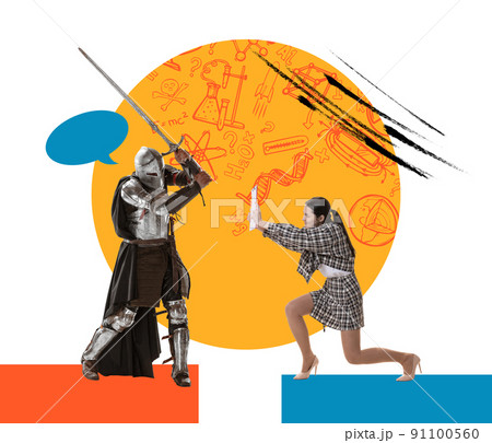 Young business woman fight with medieval warrior in armored clothes on colored abstract background with pencil sketches. Contemporary artwork. 91100560