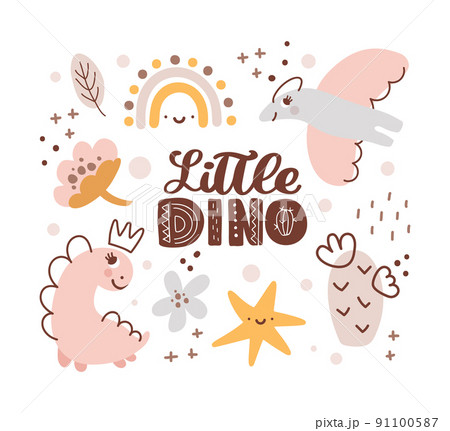 Cute vector kids Greeting card with dinosaur and baby text Little Dino. And cactus, flower, rainbow. Cartoon dino girl Scandinavian style illustration. For children party 91100587