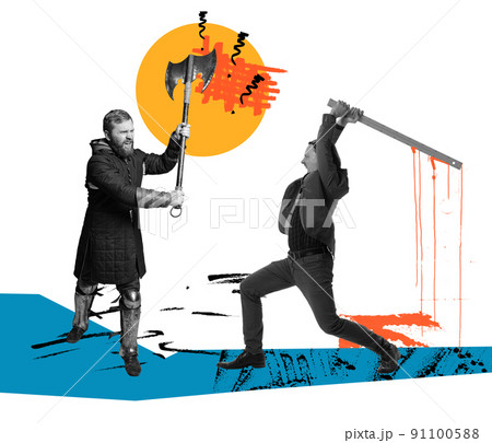 Contemporary artwork. Battle between modern office workers and medieval knights wearing armored clothes isolated on colored abstract background with pencil sketches. 91100588