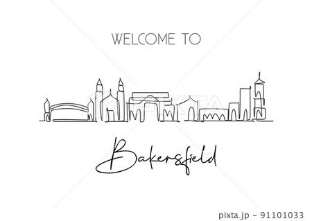 One single line drawing Bakersfield city skyline, California. Historical town landscape in the world. Best holiday destination. Editable stroke trendy continuous line draw design vector illustration 91101033