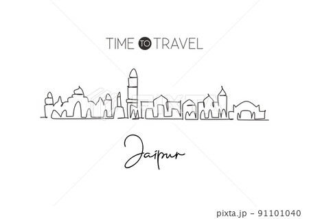One continuous line drawing of Jaipur city skyline, India. Beautiful landmark. World landscape tourism travel home wall decor poster print art. Stylish single line draw design vector illustration One continuous line drawing of Jaipur city skyline, India. Beautiful landmark. World landscape tourism travel home wall decor poster print art. Stylish single line draw design vector illustration 91101040