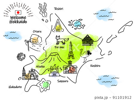 手描きの北海道地図と観光地のシンプル線画イラスト 91101912