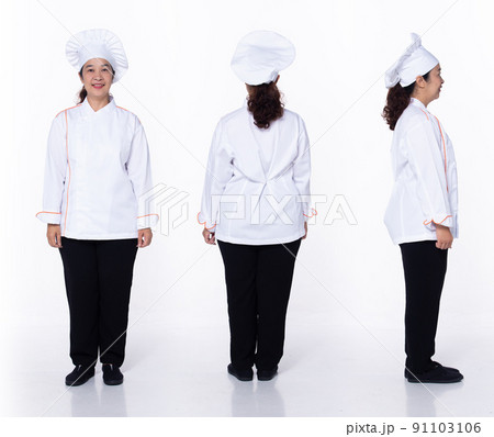 Full length 40s 50s Asian Senior Woman Cooking Chef, 360 front side back rear Full length 40s 50s Asian Senior Woman Cooking Chef, 360 front side back rear 91103106