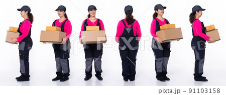 Full length 40s 50s Asian Senior Woman delivery package company, 360 front side back rear 91103158