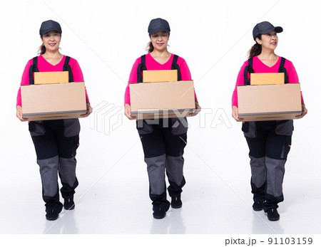 Full length 40s 50s Asian Senior Woman delivery package company, walking forward left right 91103159