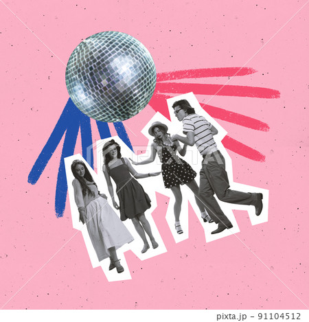 Contemporary art collage. Creative colorful design. Group of stylish young people cheerfully dancing under disco ball isolated over pink background Contemporary art collage. Creative colorful design. Group of stylish young people cheerfully dancing under disco ball isolated over pink background 91104512