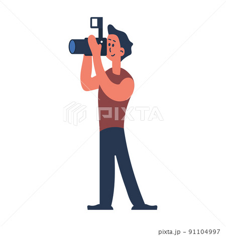 Person man with photo camera vector illustration. Male professional photographer and cartoon human photograph standing. Character shooting and work with equipment. Adult guy working and shoot video 91104997