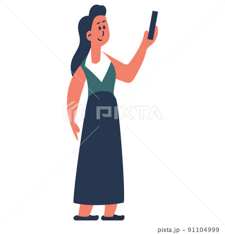 The girl is standing with the phone and person woman vector illustration. Young cartoon female isolated white and happy adult businesswoman character with smartphone. Device communication teenage The girl is standing with the phone and person woman vector illustration. Young cartoon female isolated white and happy adult businesswoman character with smartphone. Device communication teenage 91104999