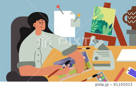 Artist restorer art and craft culture repairing. Woman renovator building picture with brush vector illustration. Character drawing museum history and painting business with equipment tool elements Artist restorer art and craft culture repairing. Woman renovator building picture with brush vector illustration. Character drawing museum history and painting business with equipment tool elements 91105015