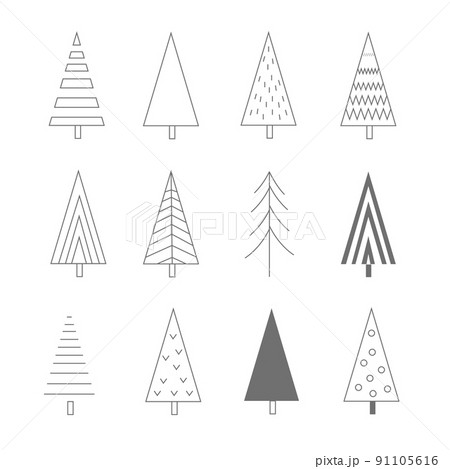 Christmas Tree linear icons set, vector outline drawing. Xmas new eve tree symbol, simple pictogram collection. Winter season design elements isolated on white 91105616
