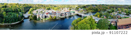 Aerial panorama view of Paris, Ontario, Canada in early autumn 91107222
