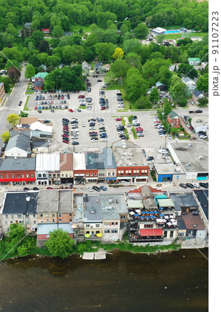 Aerial vertical view of Paris, Ontario, Canada on a spring morning 91107223