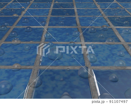青いタイルの壁に水滴の3Dイラストレーション。無数の水滴。結露した壁。 91107497