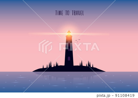 lighthouse silhouette seascape at beautiful purple sunrise 91108419