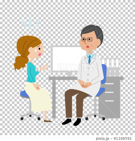 A young woman talking anxiety to a male doctor in the doctor's office 91108591