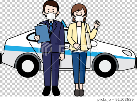 マスクをする教習所の教官と女性の教習生 マスクをする教習所の教官と女性の教習生 91108659