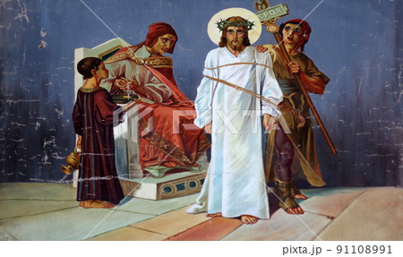 1st Stations of the Cross, Jesus is condemned to death, Church of St. Aloysius in in Travnik, Bosnia and Herzegovina 1st Stations of the Cross, Jesus is condemned to death, Church of St. Aloysius in in Travnik, Bosnia and Herzegovina 91108991