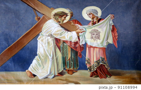 6th Stations of the Cross, Veronica wipes the face of Jesus, Church of St. Aloysius in in Travnik, Bosnia and Herzegovina 6th Stations of the Cross, Veronica wipes the face of Jesus, Church of St. Aloysius in in Travnik, Bosnia and Herzegovina 91108994