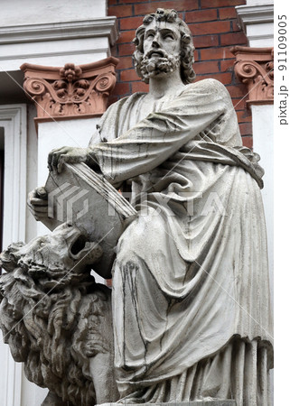 Saint Mark the Evangelist on the facade of Evangelical School in Vienna, Austria 91109005