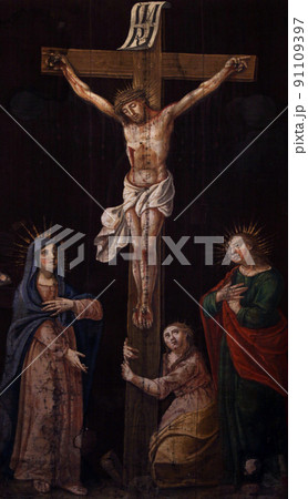 Crucifixion, Blessed Virgin Mary and Saint John under the cross, Saint John the Baptist catholic church in Budva, Montenegro 91109397