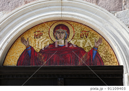 Virgin Mary, mosaic icon in Orthodox church in Budva, Montenegro Virgin Mary, mosaic icon in Orthodox church in Budva, Montenegro 91109403