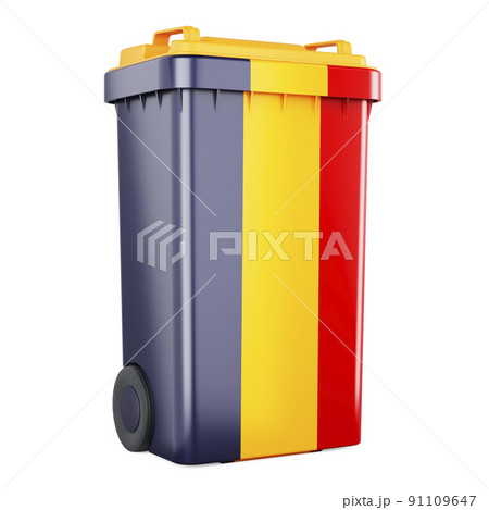 Waste container with Romanian flag, 3D rendering 91109647
