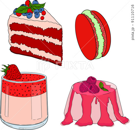 Delicious sweets and desserts. Hand drawn colorful illustration of traditional desserts Delicious sweets and desserts. Hand drawn colorful illustration of traditional desserts 91110716