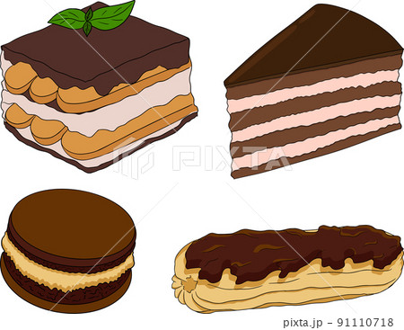 Delicious sweets and desserts. Hand drawn colorful illustration of traditional desserts 91110718