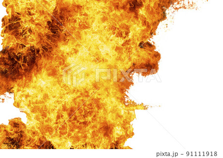 Flames caused by the explosion of the oil. Demonstration of water on oil fire isolated on white background. Flames caused by the explosion of the oil. Demonstration of water on oil fire isolated on white background. 91111918