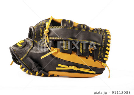 Baseball black and yellow glove isolated on white background 91112083