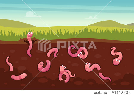Worms in ground. Sliced view for a ground with creeping crawlers in action poses exact vector cartoon background 91112282