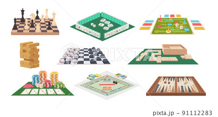 Board games. Family playful occupation domino cards mahjong chess exact vector illustrations in cartoon style 91112283