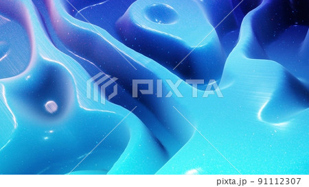 3d render. Fantastical festive blue bg. Stylish abstract background, waves on glossy surface like landscape made of liquid blue wax with sparkles. Beautiful soft background 91112307