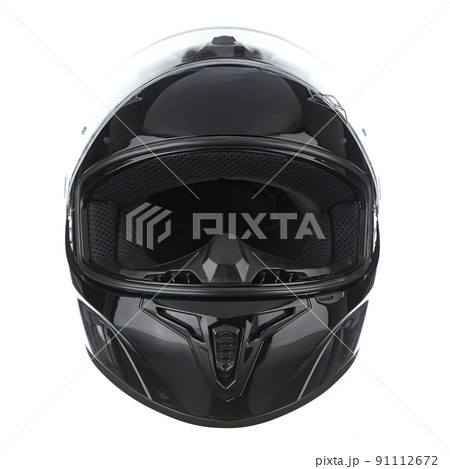 Modern motorcycle helmet made of black glossy carbon fiber, with neck fixation and adjustable air intakes, with a open glass, isolated on a white background. Front view. Modern motorcycle helmet made of black glossy carbon fiber, with neck fixation and adjustable air intakes, with a open glass, isolated on a white background. Front view. 91112672