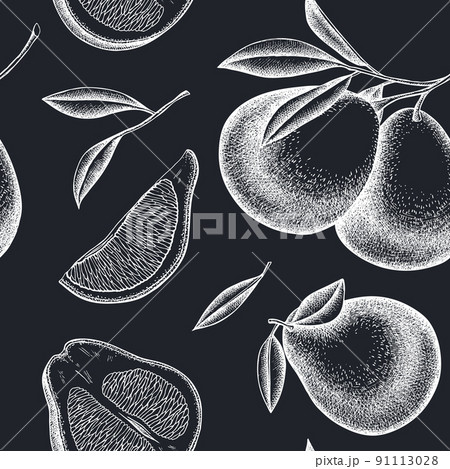 Citrus seamless pattern background design. Engraved style. Hand drawn pomelo. Citrus seamless pattern background design. Engraved style. Hand drawn pomelo. 91113028