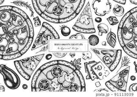 Pizza seamless pattern background design. Engraved style. Hand drawn greek, margherita, pepperoni, veggie, ham and mushrooms and seafood pizzas. 91113039