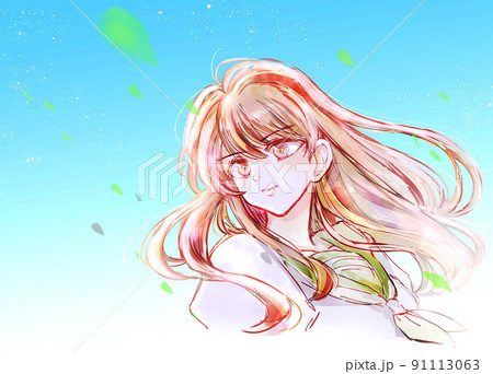 前を向く女子学生　青空　新緑 91113063