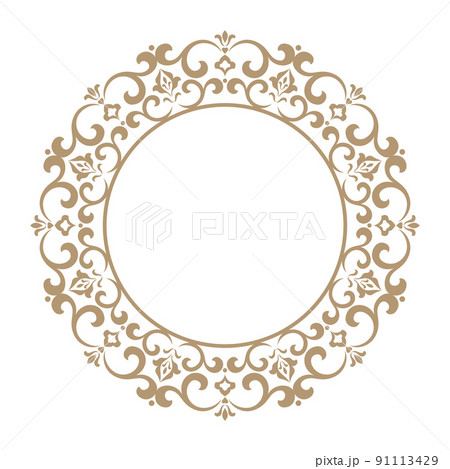 Decorative frame Elegant element for design in Eastern style, place for text. Floral golden and white border. Lace illustration for invitations and greeting cards. 91113429