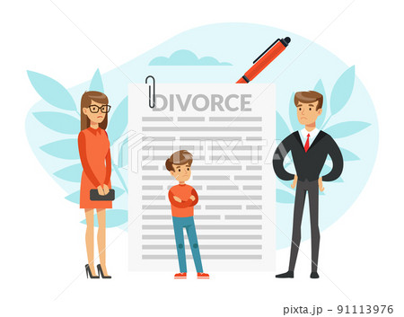 Signing Divorce Document and Family Breakdown with Sad Parents and Kid Vector Illustration 91113976