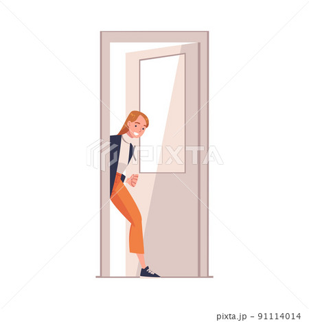 Woman Character At The Door Opening It Entering のイラスト素材