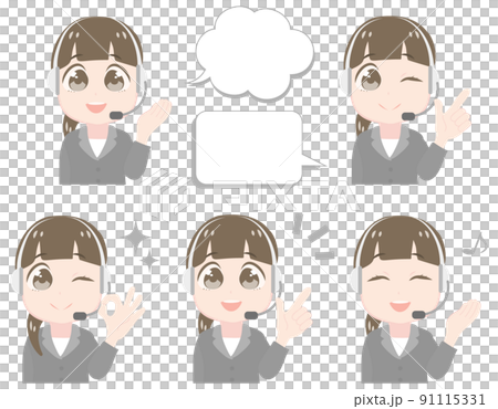 ヘッドセットを装着してスーツを着た女性の上半身のポーズセット ヘッドセットを装着してスーツを着た女性の上半身のポーズセット 91115331