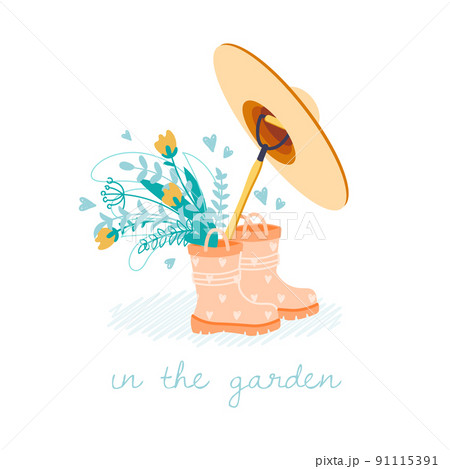 Cute spring card with a bouquet of flowers and rubber boots. Gardening concept. Hand draw illustration in cartoon style with lettering - in the garden. Vector Cute spring card with a bouquet of flowers and rubber boots. Gardening concept. Hand draw illustration in cartoon style with lettering - in the garden. Vector 91115391