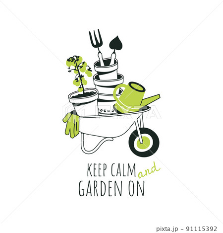 Cute illustration with wheelbarrow and garden tools. Caring, working and growing plants. Gardening concept. hand drawn cartoon style. Vector Cute illustration with wheelbarrow and garden tools. Caring, working and growing plants. Gardening concept. hand drawn cartoon style. Vector 91115392