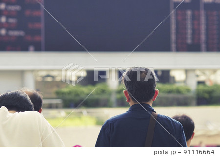競馬場の電光掲示板を見る男性 競馬場の電光掲示板を見る男性 91116664