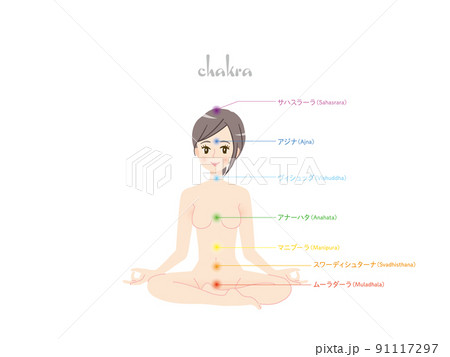 座禅をしている若い女性の7つのチャクラの体の場所 座禅をしている若い女性の7つのチャクラの体の場所 91117297